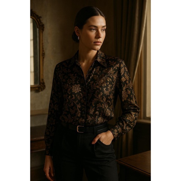 Vintage Linda Hutton 100% Silk Baroque Floral Blouse Brown Gold Boho Top Sz 8 - Picture 2 of 6